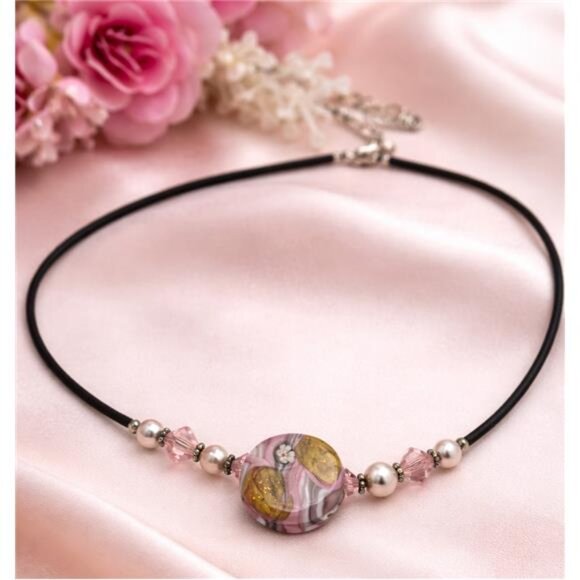 Unbranded Jewelry - Pink Lampwork Glass Pendant Necklace Murano Style Gold Foil Sterling Clasp 18 In